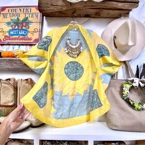 Women’s Yellow & Light Blue Sunflower Open-Front Sweater Kimono